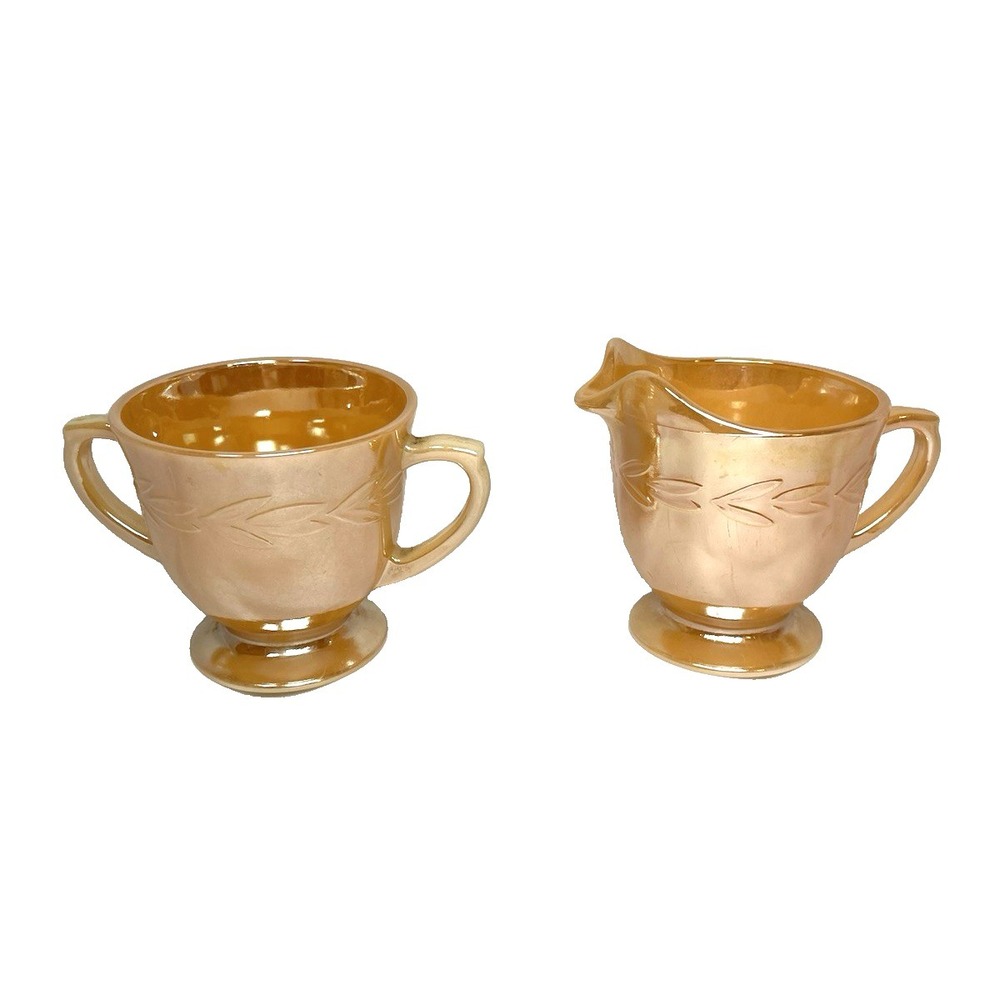 Vtg FireKing Peach Sheaves of Wheat Luster Sugar/Creamer OvenWare Anchor Hocking